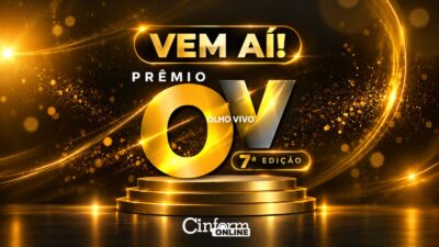 Arte dourada com os dizeres Vem aí! Prêmio Olho Vivo, 7ª edição, sobre um pódio, com a marca Cinform Online