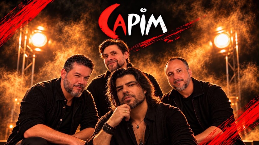 Arte com o logotipo CAPIM em vermelho e branco e quatro homens de roupas pretas posando diante de refletores de palco e fumaça alaranjada